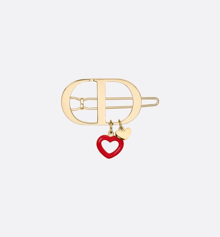 Dior Gold Tone Hair Clip with Red Heart Charm